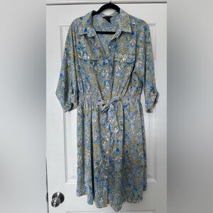 Elegant Blue/Yellow/White Paisley Print Dress with Tie at Waist - Millennium 2X